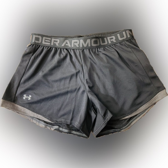 Under Armour NWT SZ S black/gray trim loose athletic shorts, wide logo waistband - Picture 5 of 7